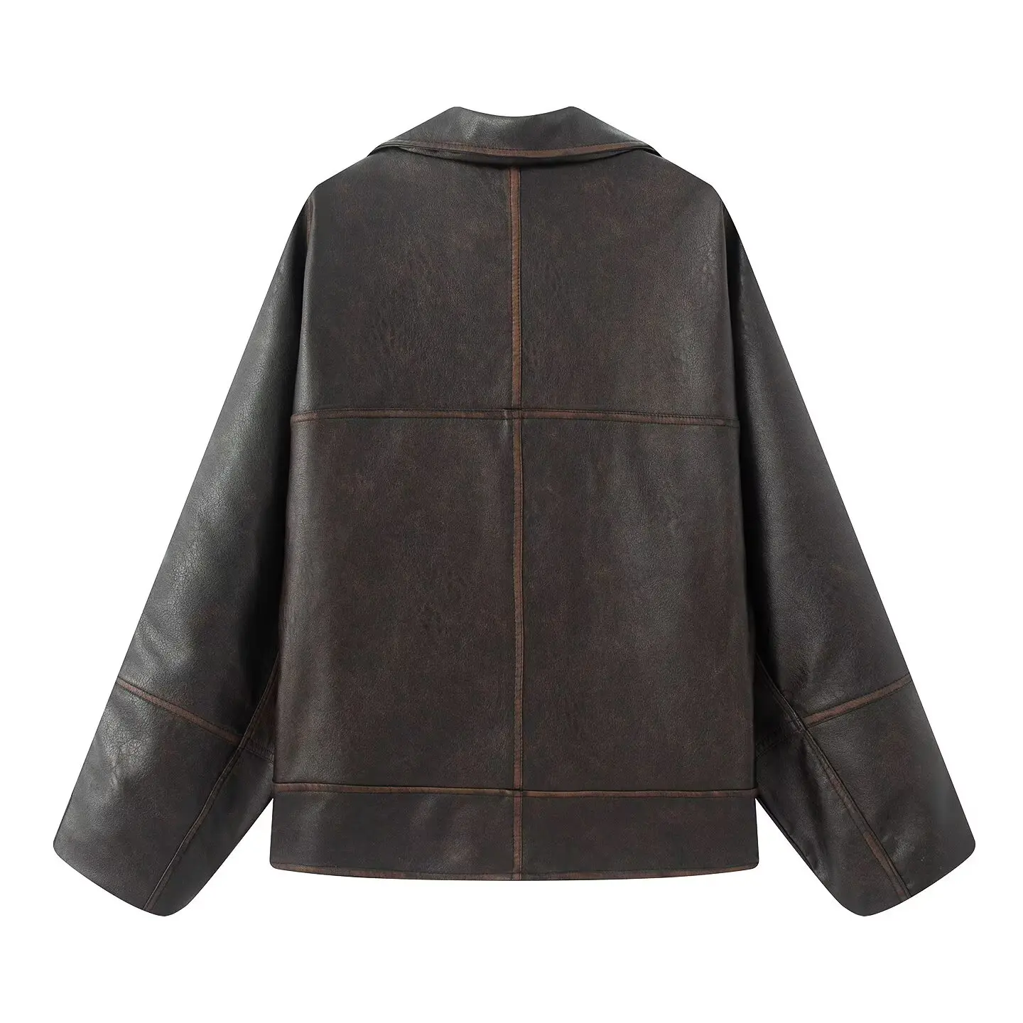 Autumn American Retro Women Washing Black PU Leather Jacket Lapel 3 Buttons Full Sleeve Oversize Coat Loose Short Outerwear