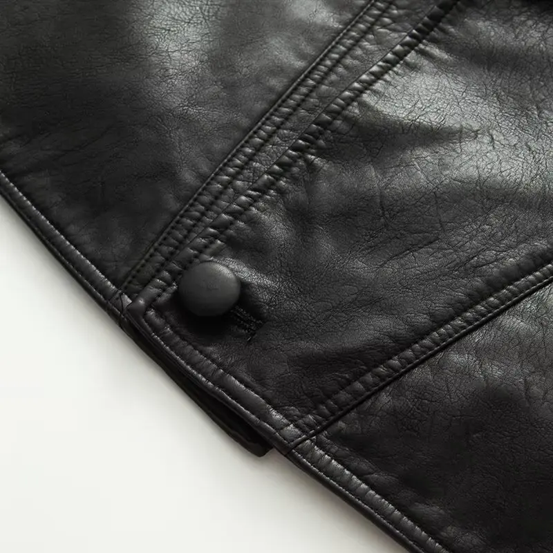 Autumn American Retro Women Washing Black PU Leather Jacket Lapel 3 Buttons Full Sleeve Oversize Coat Loose Short Outerwear