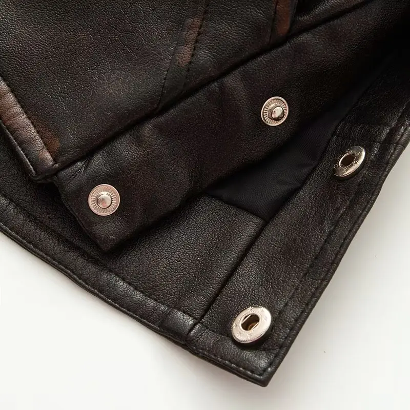 Autumn American Retro Women Washing Black PU Leather Jacket Lapel 3 Buttons Full Sleeve Oversize Coat Loose Short Outerwear