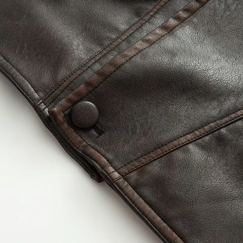 Autumn American Retro Women Washing Black PU Leather Jacket Lapel 3 Buttons Full Sleeve Oversize Coat Loose Short Outerwear