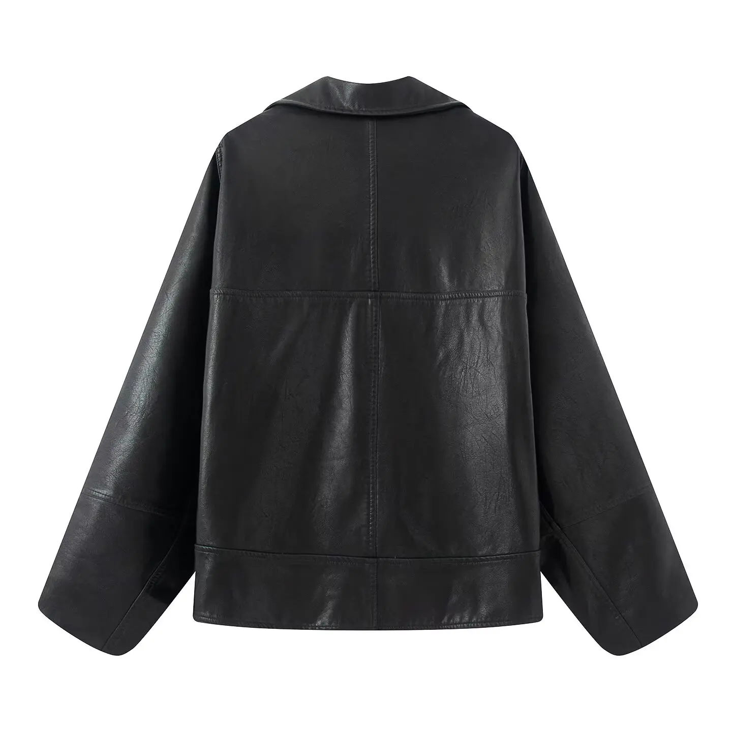 Autumn American Retro Women Washing Black PU Leather Jacket Lapel 3 Buttons Full Sleeve Oversize Coat Loose Short Outerwear