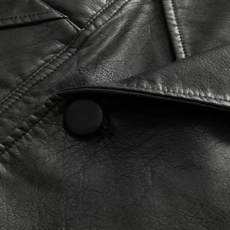 Autumn American Retro Women Washing Black PU Leather Jacket Lapel 3 Buttons Full Sleeve Oversize Coat Loose Short Outerwear