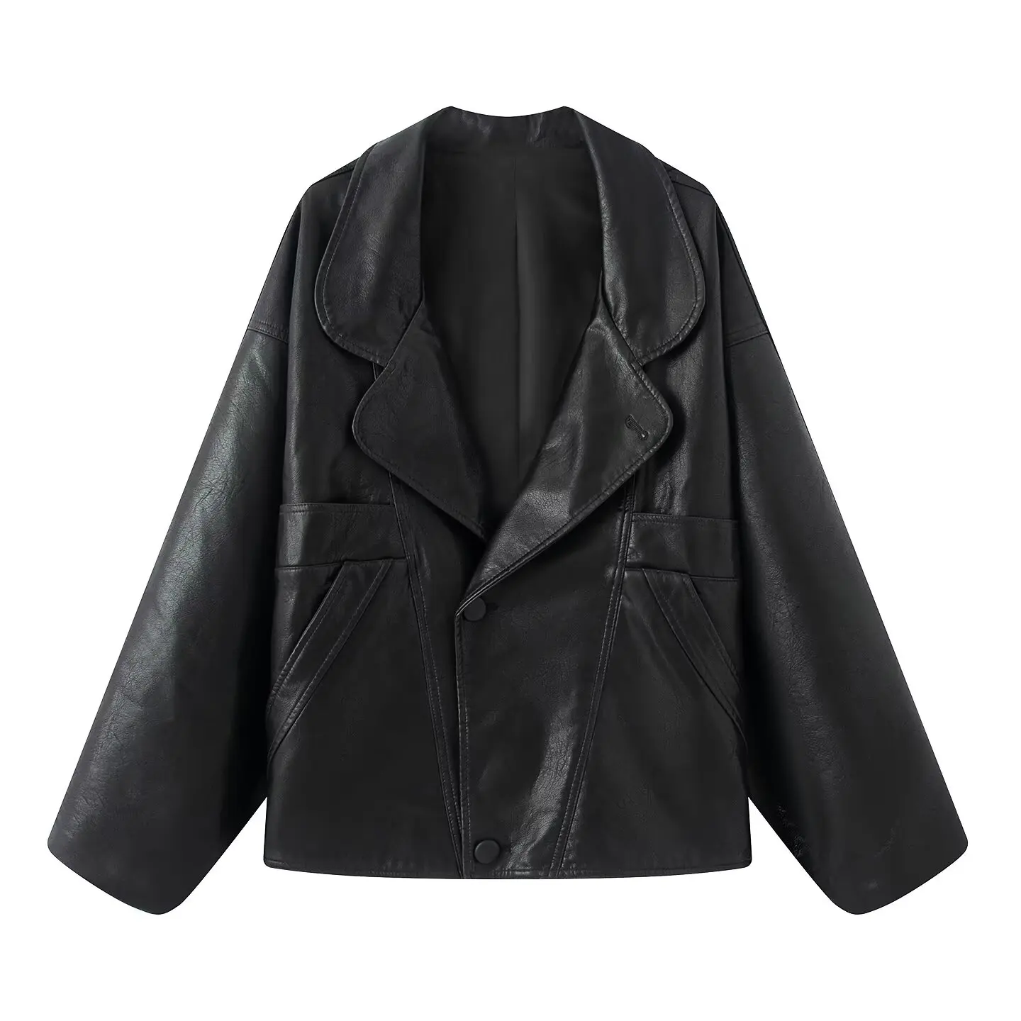Autumn American Retro Women Washing Black PU Leather Jacket Lapel 3 Buttons Full Sleeve Oversize Coat Loose Short Outerwear
