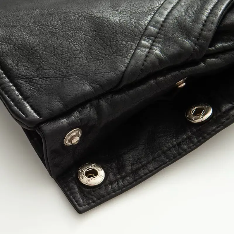 Autumn American Retro Women Washing Black PU Leather Jacket Lapel 3 Buttons Full Sleeve Oversize Coat Loose Short Outerwear