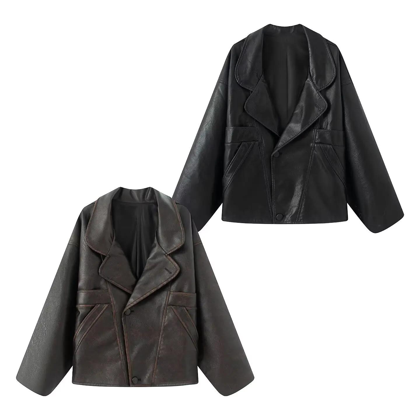 Autumn American Retro Women Washing Black PU Leather Jacket Lapel 3 Buttons Full Sleeve Oversize Coat Loose Short Outerwear