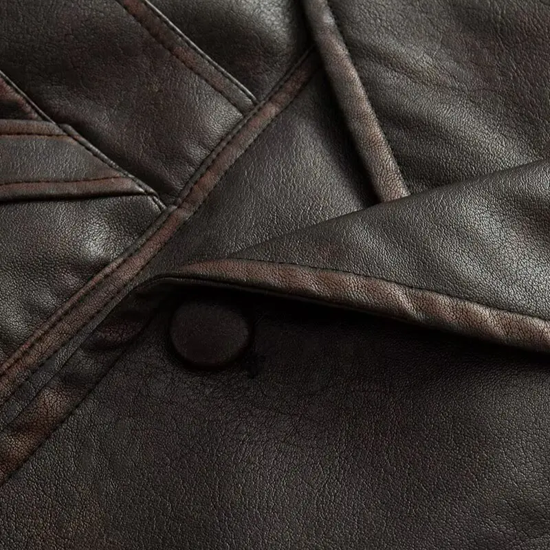 Autumn American Retro Women Washing Black PU Leather Jacket Lapel 3 Buttons Full Sleeve Oversize Coat Loose Short Outerwear