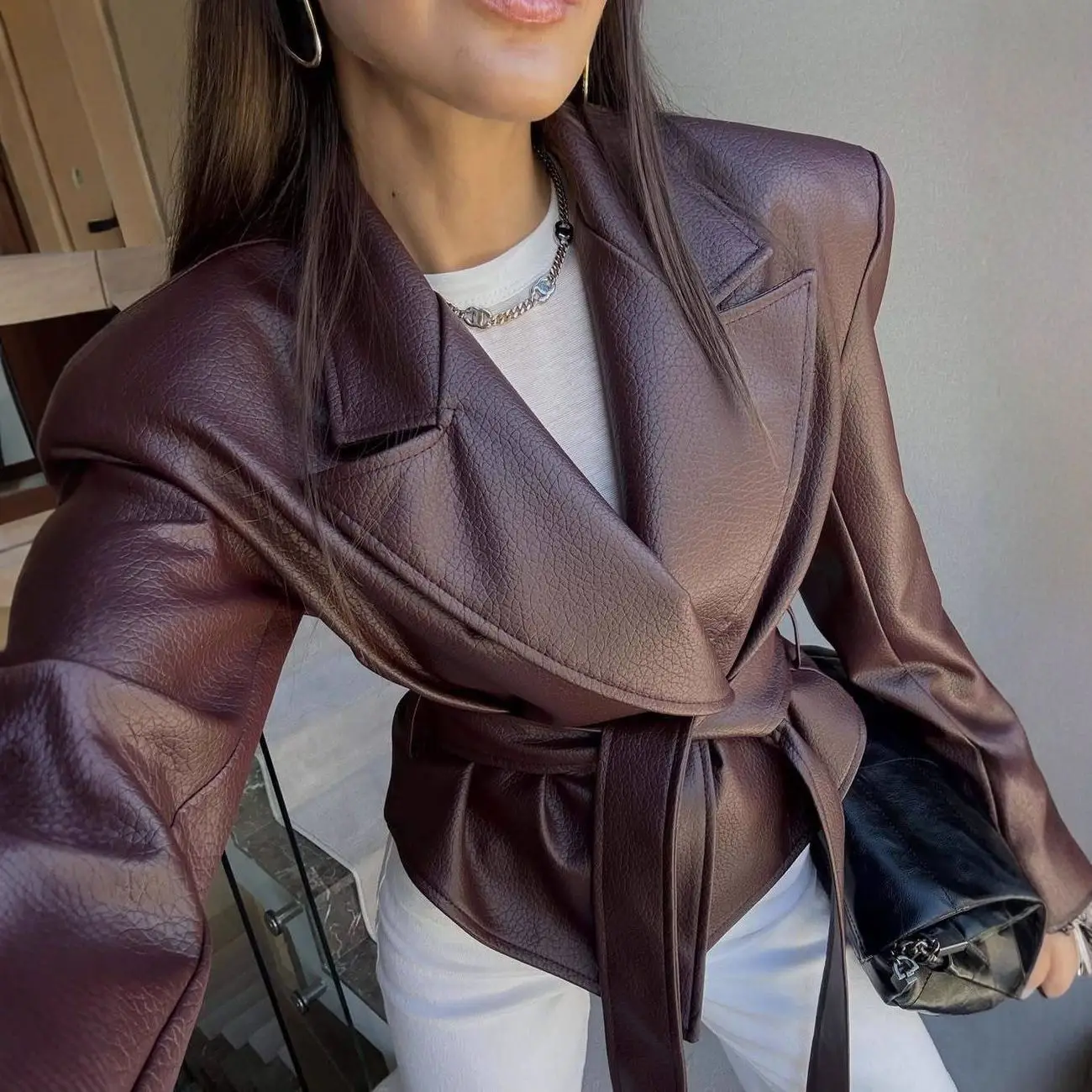 Autumn Winter Women'S Clothing Motorcycle Cool Strap Temperament Leather Jacket 2026 New Women With Belt Biker Jacket Women Coat