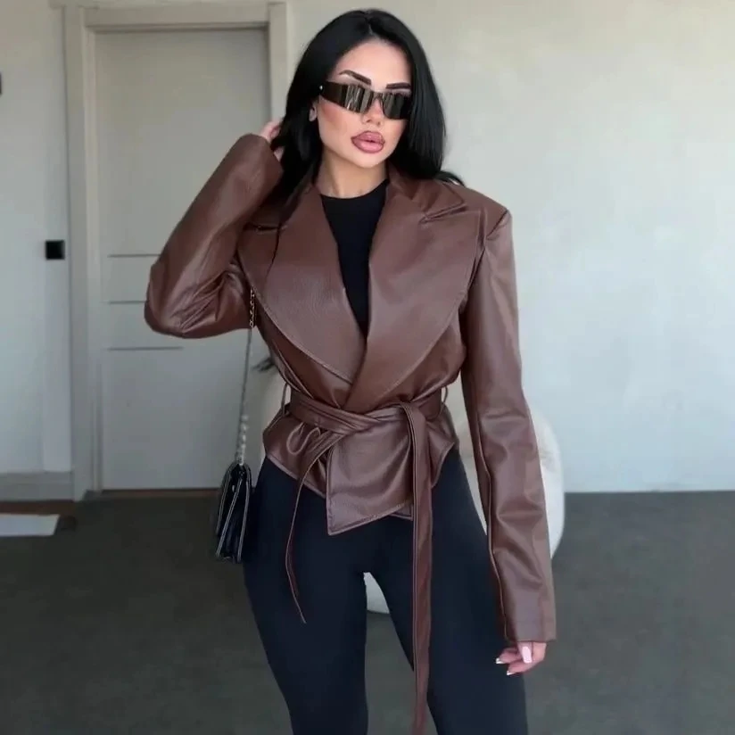 Autumn Winter Women'S Clothing Motorcycle Cool Strap Temperament Leather Jacket 2026 New Women With Belt Biker Jacket Women Coat
