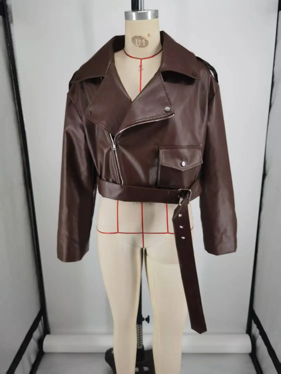 Elegant Vintage Brown Zipper Leather Short Jacket Women Chic Lapels Long Sleeved Belt Loose Coats Autumn Highstreet Women's Coat