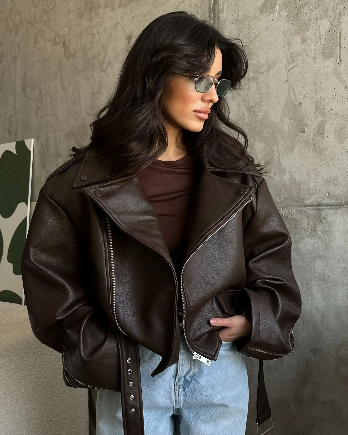 Elegant Vintage Brown Zipper Leather Short Jacket Women Chic Lapels Long Sleeved Belt Loose Coats Autumn Highstreet Women's Coat