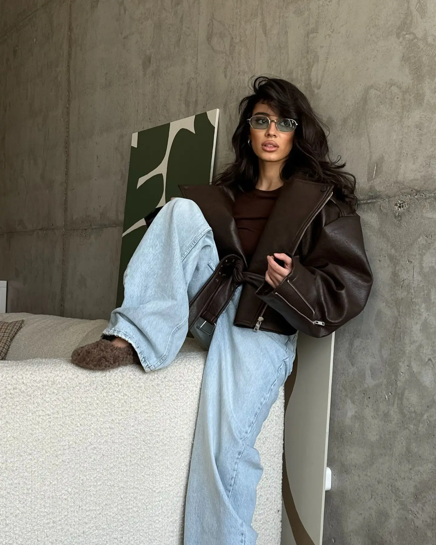 Elegant Vintage Brown Zipper Leather Short Jacket Women Chic Lapels Long Sleeved Belt Loose Coats Autumn Highstreet Women's Coat