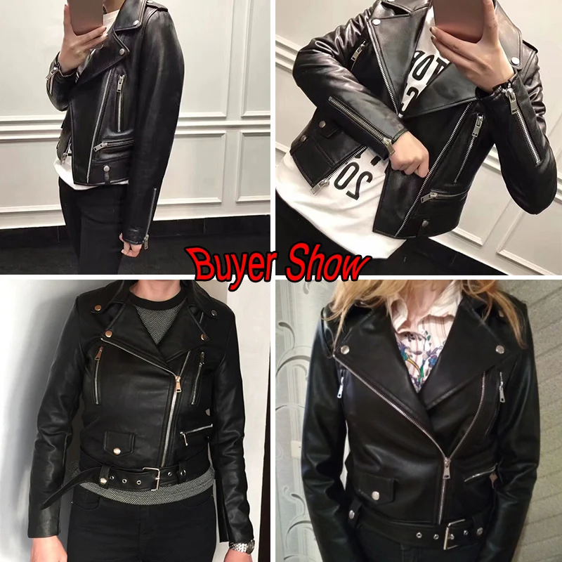 FTLZZ New Women Autumn Winter Black Faux Leather Jackets Zipper Basic Coat Turn-down Collar Motor Biker Jacket With Belt