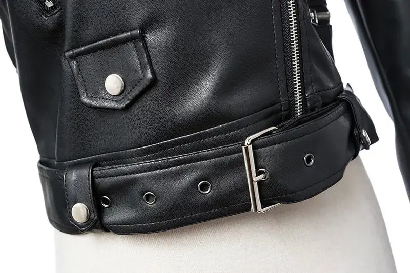 FTLZZ New Women Autumn Winter Black Faux Leather Jackets Zipper Basic Coat Turn-down Collar Motor Biker Jacket With Belt