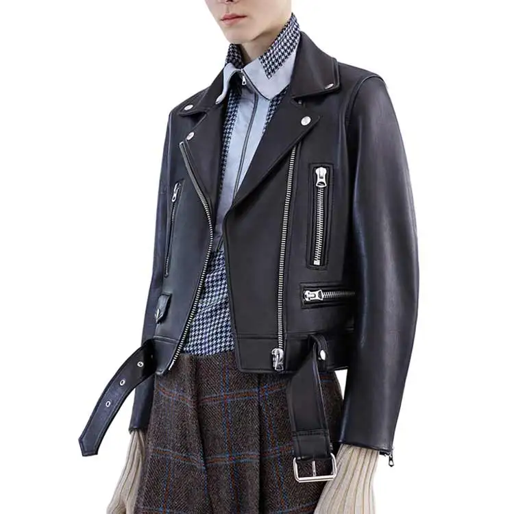 FTLZZ New Women Autumn Winter Black Faux Leather Jackets Zipper Basic Coat Turn-down Collar Motor Biker Jacket With Belt