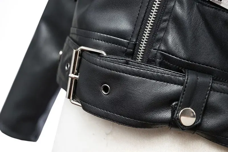 FTLZZ New Women Autumn Winter Black Faux Leather Jackets Zipper Basic Coat Turn-down Collar Motor Biker Jacket With Belt