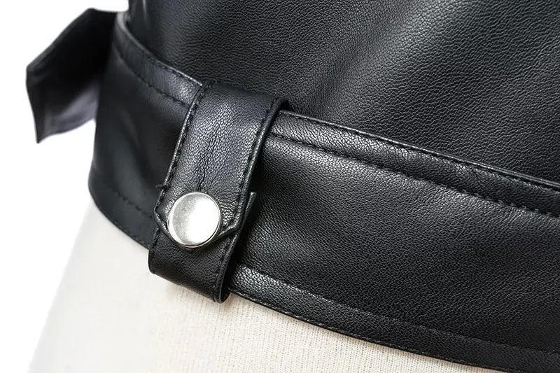 FTLZZ New Women Autumn Winter Black Faux Leather Jackets Zipper Basic Coat Turn-down Collar Motor Biker Jacket With Belt
