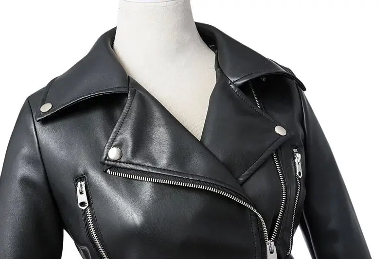 FTLZZ New Women Autumn Winter Black Faux Leather Jackets Zipper Basic Coat Turn-down Collar Motor Biker Jacket With Belt
