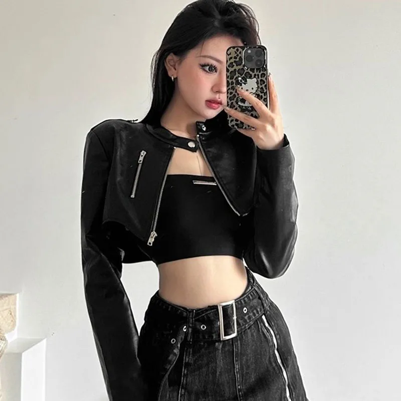 Korean Chic Short Faux Leather Jackets Women 2025 Autumn New Irregular Black Motorcycle Jacket All-Match Vintage Trend PU Coat