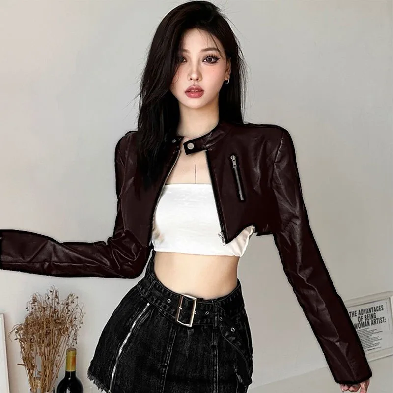 Korean Chic Short Faux Leather Jackets Women 2025 Autumn New Irregular Black Motorcycle Jacket All-Match Vintage Trend PU Coat
