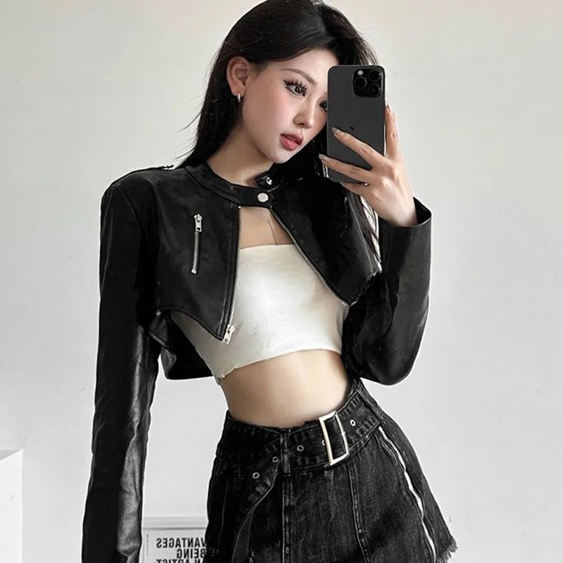 Korean Chic Short Faux Leather Jackets Women 2025 Autumn New Irregular Black Motorcycle Jacket All-Match Vintage Trend PU Coat