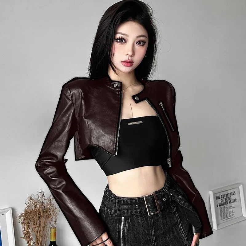 Korean Chic Short Faux Leather Jackets Women 2025 Autumn New Irregular Black Motorcycle Jacket All-Match Vintage Trend PU Coat