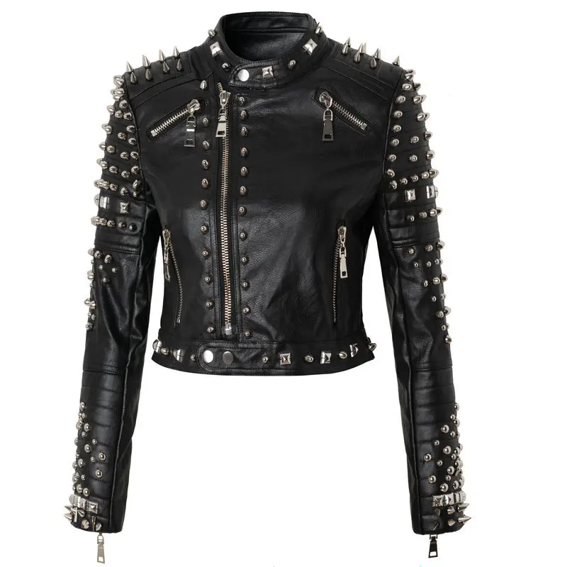 Faux Leather Jacket for Women, Turndown Collar, Punk Coat, Motorcycle, Black, Rivet Zipper, Outerwear, Female, Autumn, 2025