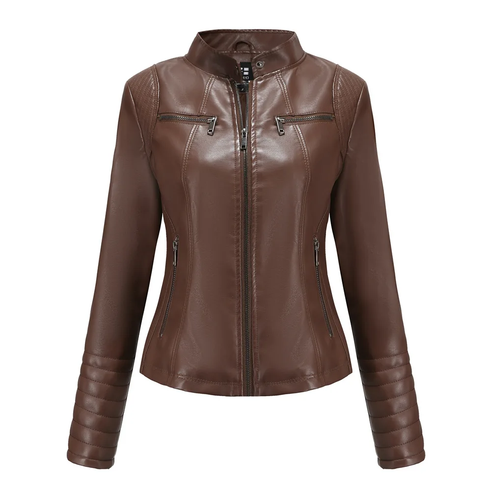 Faux Leather Jacket for Women, Turndown Collar, Punk Coat, Motorcycle, Black, Rivet Zipper, Outerwear, Female, Autumn, 2025