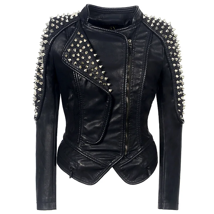 Faux Leather Jacket for Women, Turndown Collar, Punk Coat, Motorcycle, Black, Rivet Zipper, Outerwear, Female, Autumn, 2025