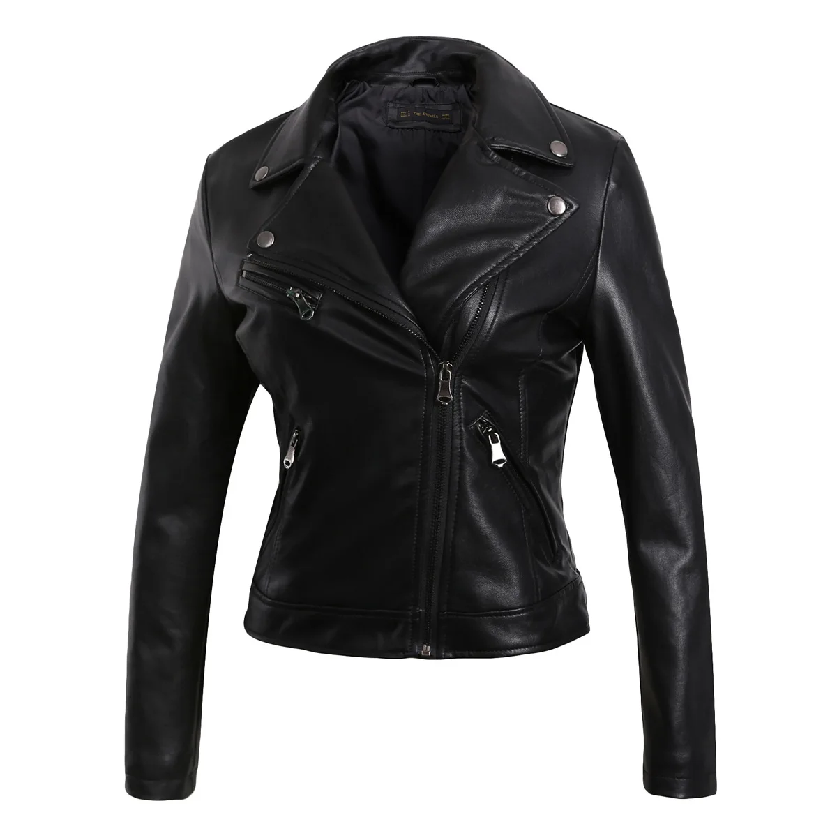 Faux Leather Jacket for Women, Turndown Collar, Punk Coat, Motorcycle, Black, Rivet Zipper, Outerwear, Female, Autumn, 2025
