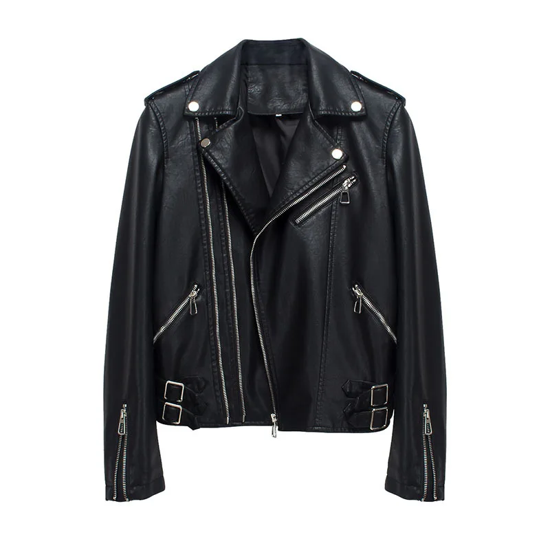 Faux Leather Jacket for Women, Turndown Collar, Punk Coat, Motorcycle, Black, Rivet Zipper, Outerwear, Female, Autumn, 2025