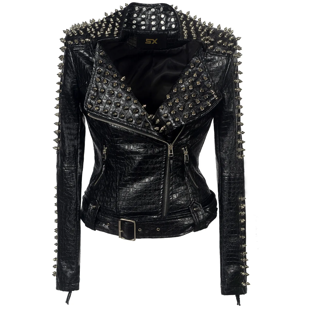 Faux Leather Jacket for Women, Turndown Collar, Punk Coat, Motorcycle, Black, Rivet Zipper, Outerwear, Female, Autumn, 2025
