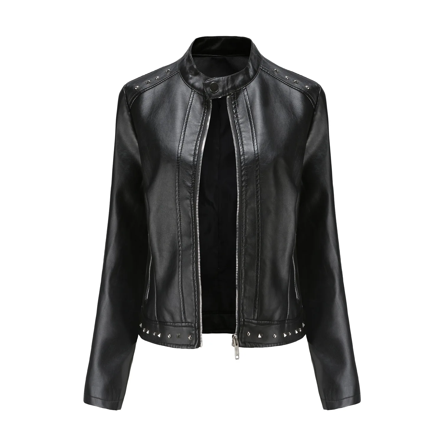 Faux Leather Jacket for Women, Turndown Collar, Punk Coat, Motorcycle, Black, Rivet Zipper, Outerwear, Female, Autumn, 2025