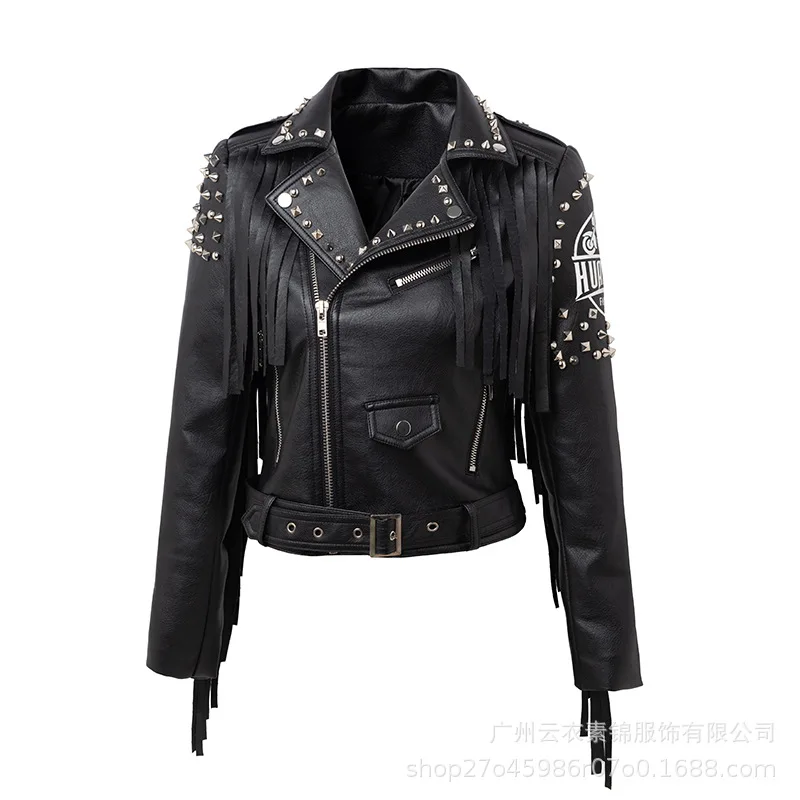 Faux Leather Jacket for Women, Turndown Collar, Punk Coat, Motorcycle, Black, Rivet Zipper, Outerwear, Female, Autumn, 2025