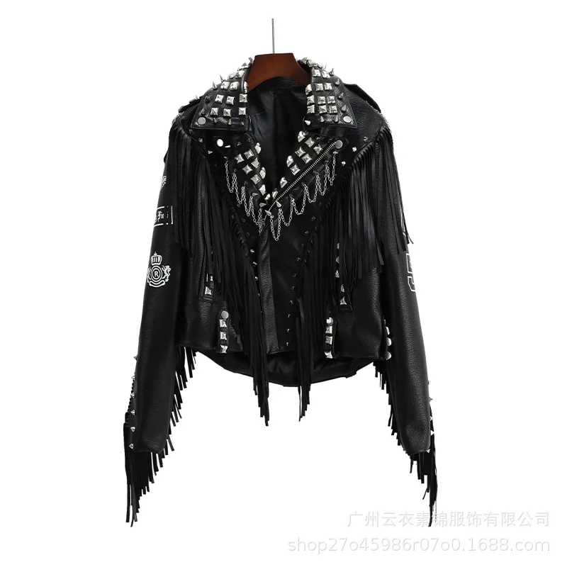 Faux Leather Jacket for Women, Turndown Collar, Punk Coat, Motorcycle, Black, Rivet Zipper, Outerwear, Female, Autumn, 2025