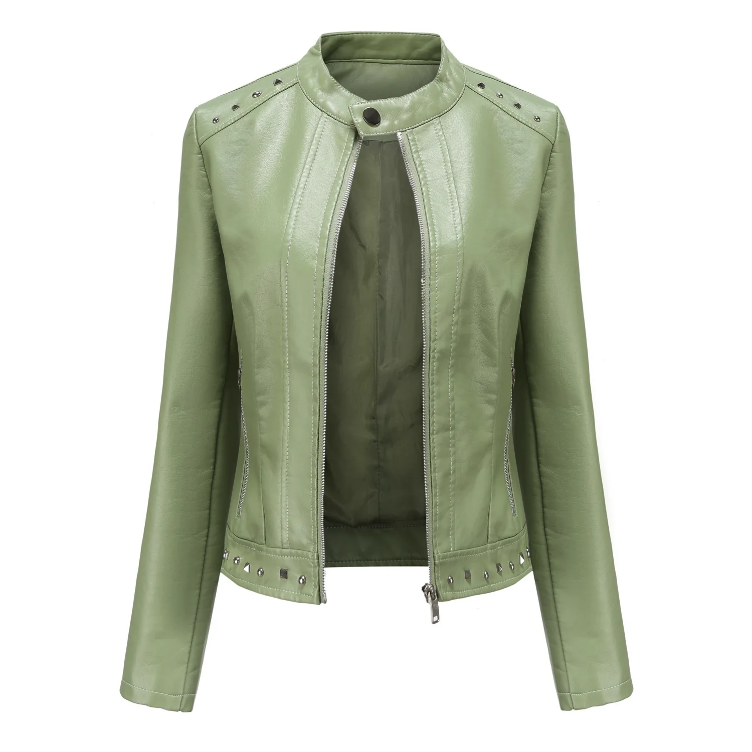 Faux Leather Jacket for Women, Turndown Collar, Punk Coat, Motorcycle, Black, Rivet Zipper, Outerwear, Female, Autumn, 2025