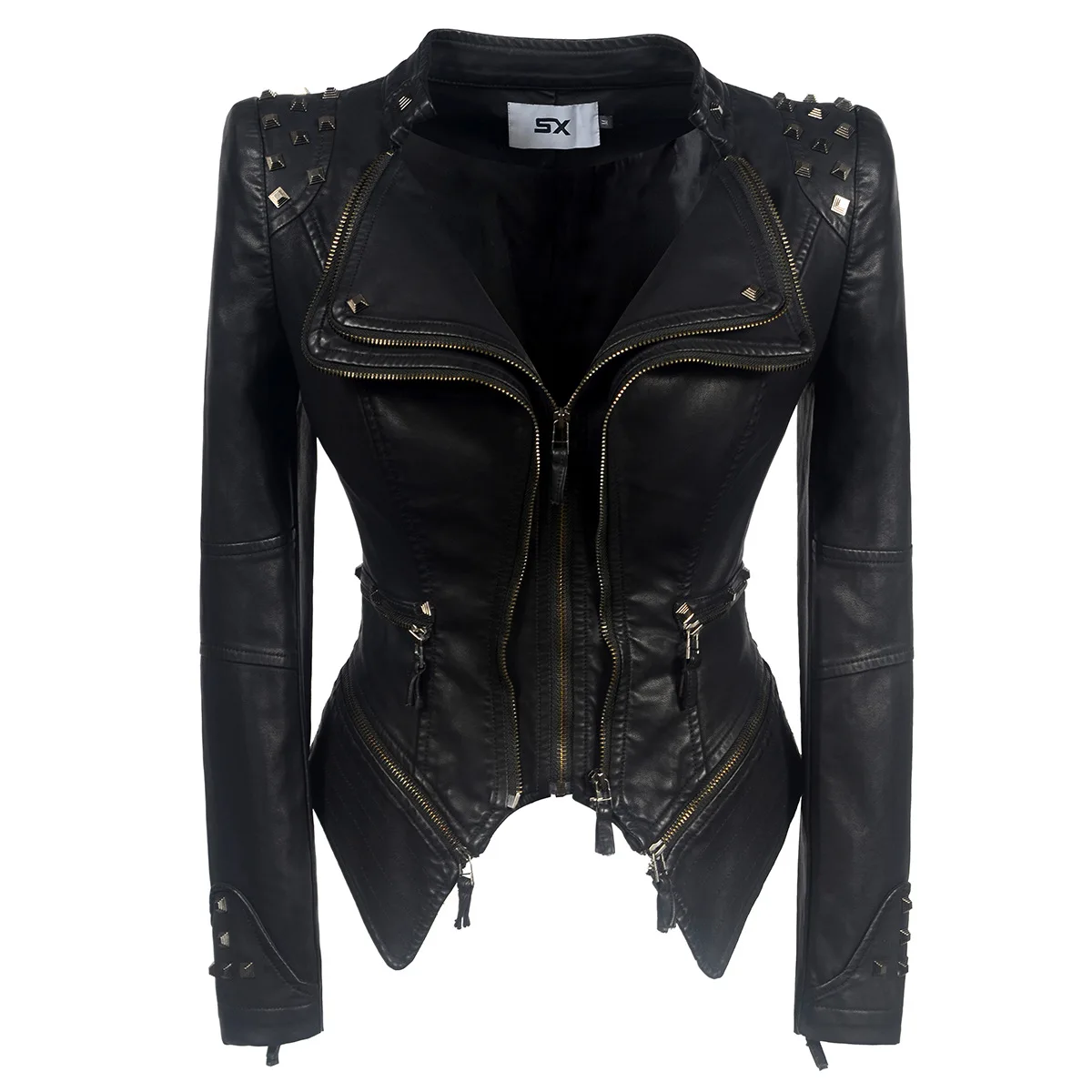 Faux Leather Jacket for Women, Turndown Collar, Punk Coat, Motorcycle, Black, Rivet Zipper, Outerwear, Female, Autumn, 2025