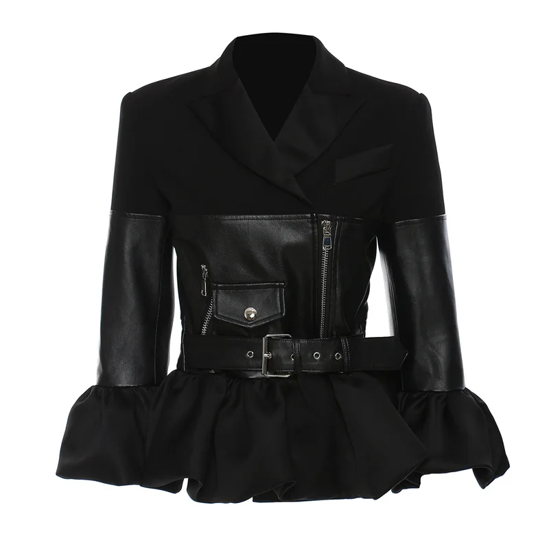 Faux Leather Jacket for Women, Turndown Collar, Punk Coat, Motorcycle, Black, Rivet Zipper, Outerwear, Female, Autumn, 2025