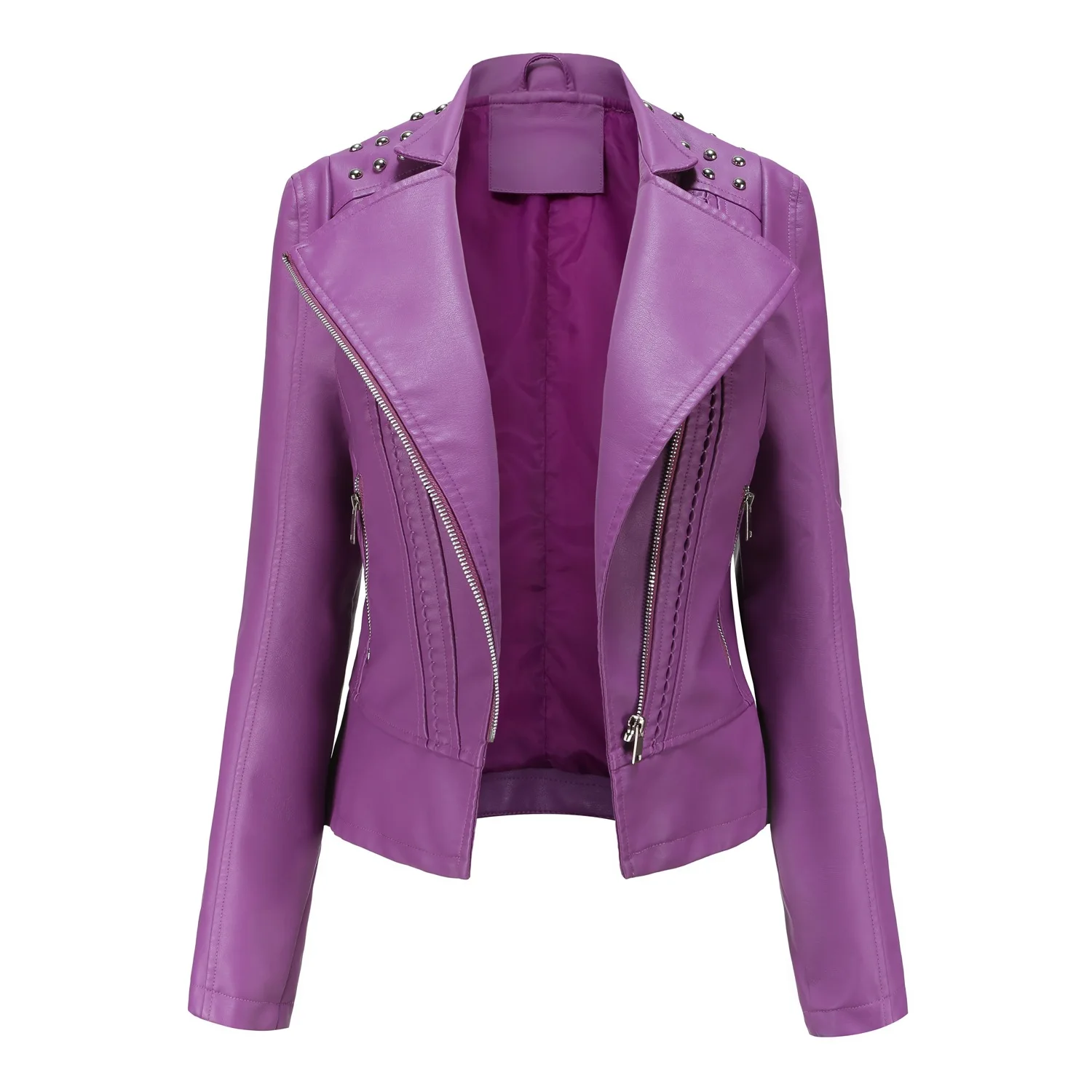 Faux Leather Jacket for Women, Turndown Collar, Punk Coat, Motorcycle, Black, Rivet Zipper, Outerwear, Female, Autumn, 2025