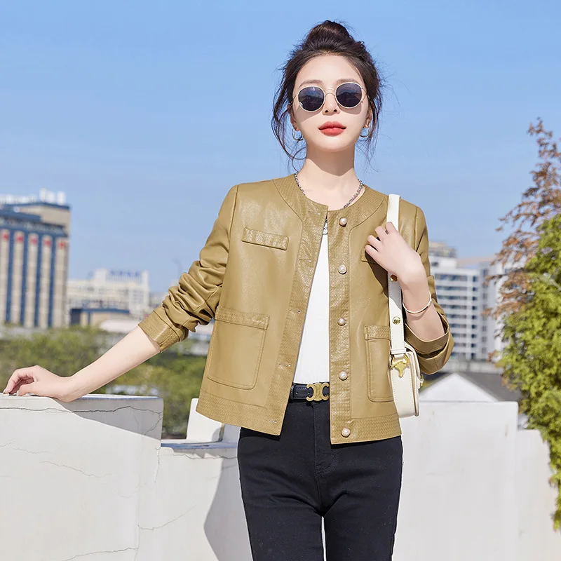 Faux Leather Jacket for Women, Turndown Collar, Punk Coat, Motorcycle, Black, Rivet Zipper, Outerwear, Female, Autumn, 2025