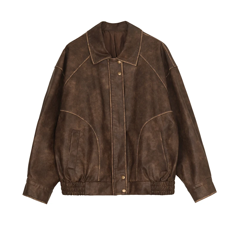 Spring and Autumn Retro Distressed Brown Leather Jacket American Sweet Cool Motorcycle Pu Leather Jacket Short Jacket