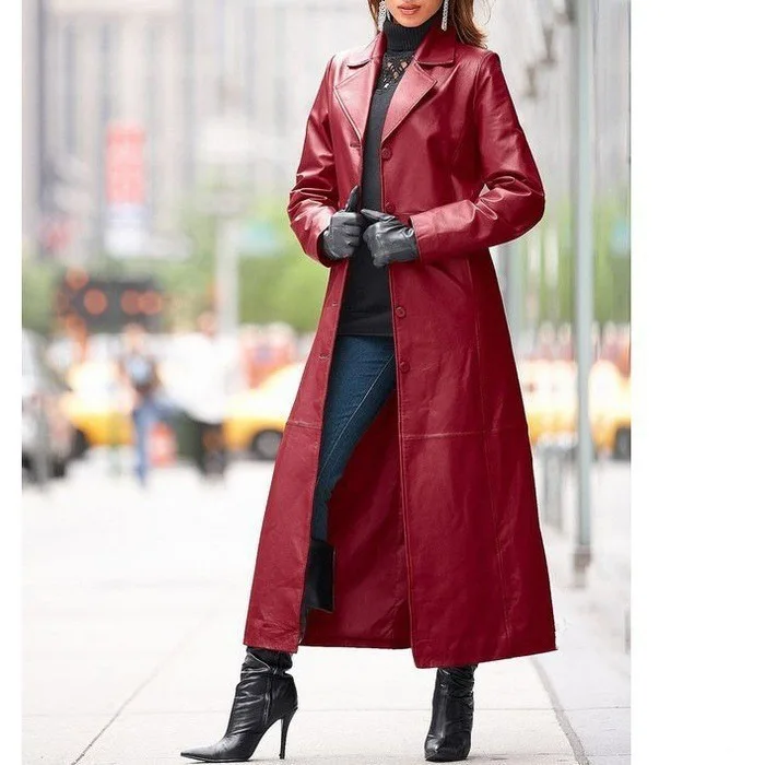 Women Autumn Winter Faux Leather Coat Long Sleeve Solid Color Turndown Collar Button Casual Fashion Warm Comfortable Regular Fit