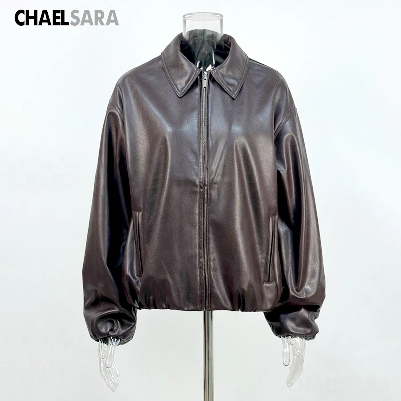 2026 New High Quality Women's Faux Leather Jacket Female Casual Brown Zip-Up PU Leather Coat Outerwear