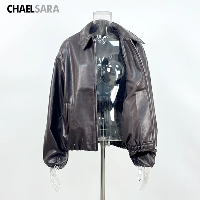 2026 New High Quality Women's Faux Leather Jacket Female Casual Brown Zip-Up PU Leather Coat Outerwear