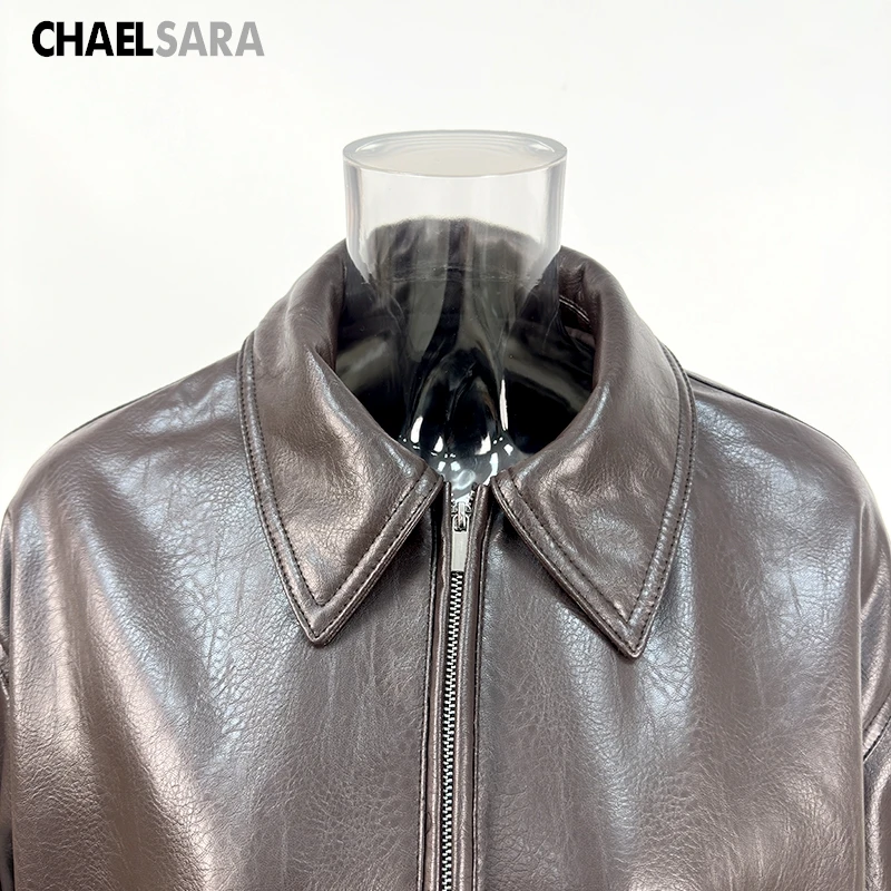 2026 New High Quality Women's Faux Leather Jacket Female Casual Brown Zip-Up PU Leather Coat Outerwear