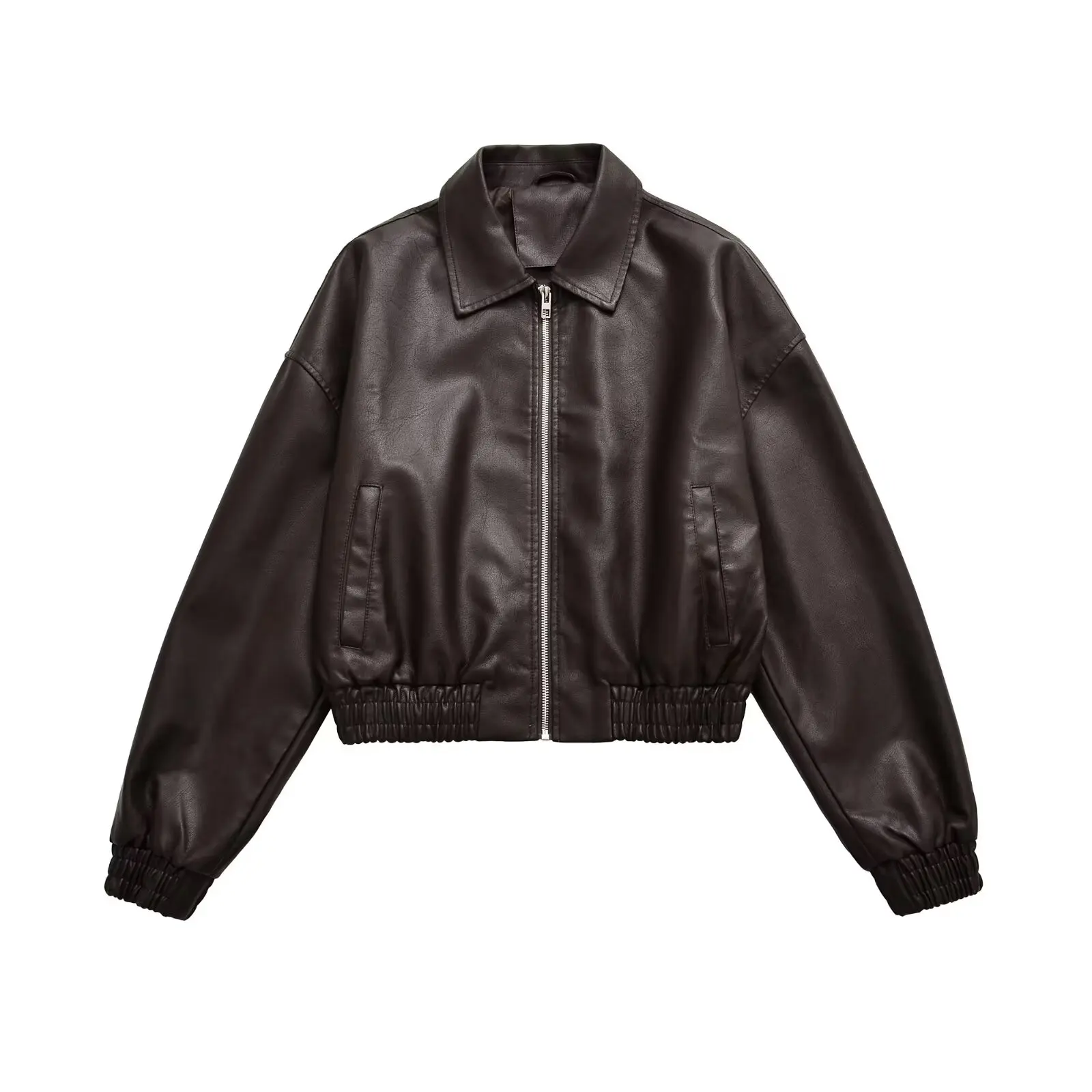 Vintage PU Leather Bomber Jackets 2025 Autumn New Ladies Zipper Lapel Long Sleeve Pocket Coat Brand Women's Loose Streetwear Hot