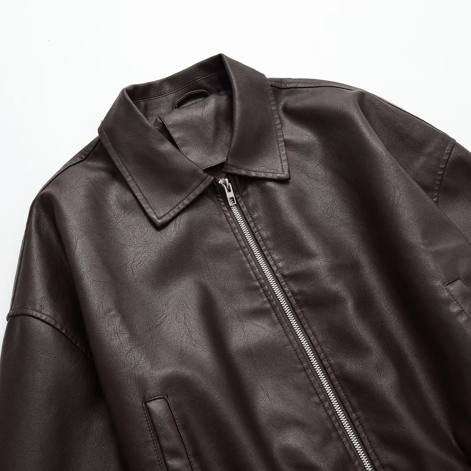 Vintage PU Leather Bomber Jackets 2025 Autumn New Ladies Zipper Lapel Long Sleeve Pocket Coat Brand Women's Loose Streetwear Hot