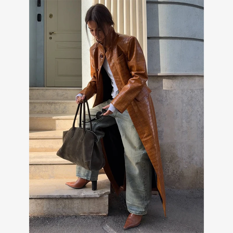 Brown Croc Embossed Faux Leather Long Trench Coat Lapel Single Breasted Straight Long Front Pockets Women Vintage Autumn Winter