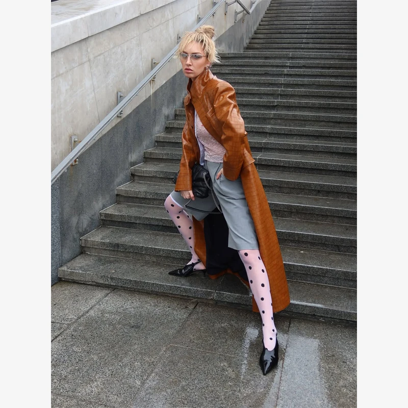 Brown Croc Embossed Faux Leather Long Trench Coat Lapel Single Breasted Straight Long Front Pockets Women Vintage Autumn Winter