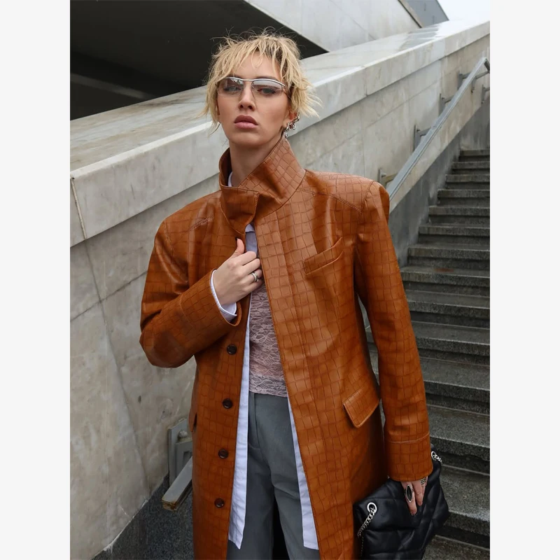 Brown Croc Embossed Faux Leather Long Trench Coat Lapel Single Breasted Straight Long Front Pockets Women Vintage Autumn Winter