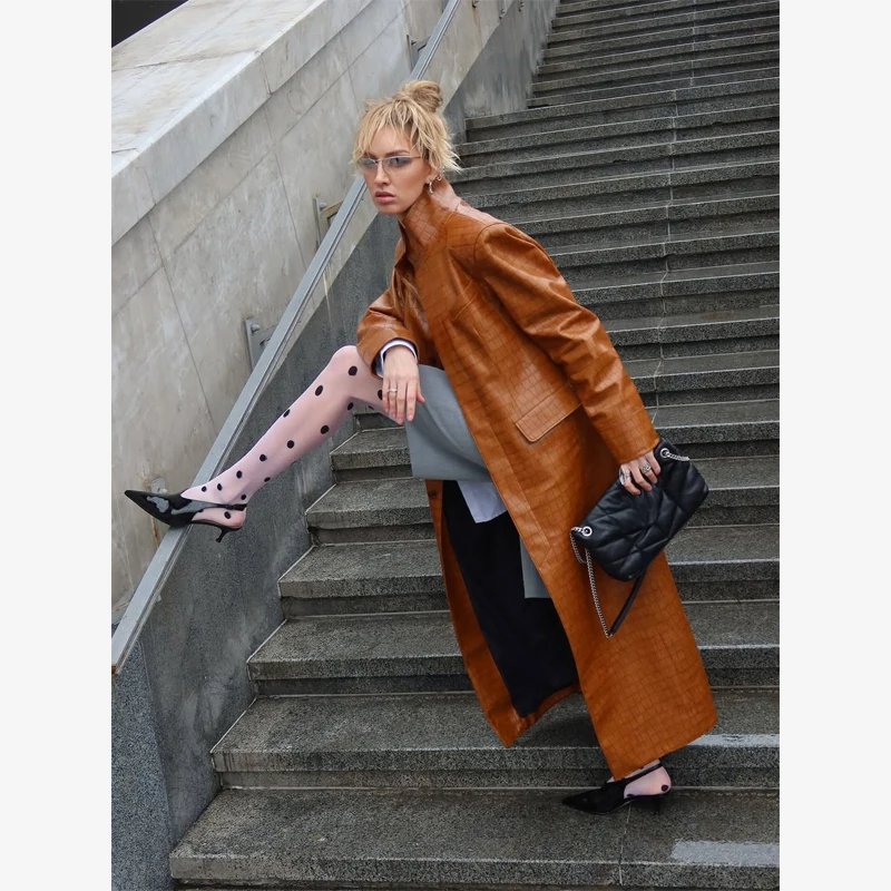 Brown Croc Embossed Faux Leather Long Trench Coat Lapel Single Breasted Straight Long Front Pockets Women Vintage Autumn Winter